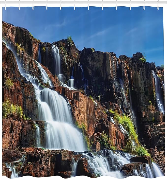 Ambesonne Rainforest Shower Curtain, Pongour Waterfall Exotic Natural Beauty Landscape Mountain Rocks Print, Cloth Fabric Bathroom Decor Set with Hooks, 69" W x 84" L, Ecru Blue