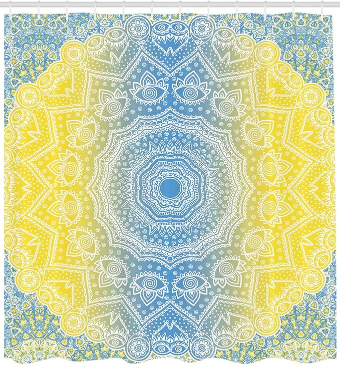 Ambesonne Blue and Yellow Shower Curtain, Ombre Mandala Design Tribal Chinese Esoteric Pattern Mystic Universe Print, Cloth Fabric Bathroom Decor Set with Hooks, 69" W x 84" L, Blue Yellow