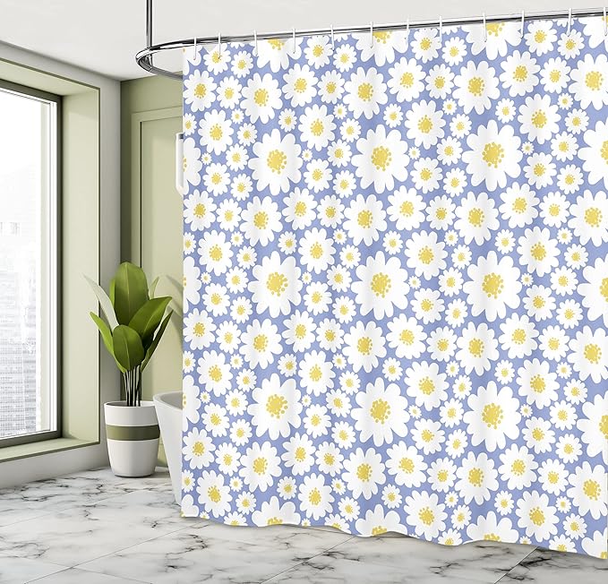 Ambesonne Floral Shower Curtain, Pastel Cartoon Like Flowers Daisies Spring Time Season Artwork Print, Cloth Fabric Bathroom Decor Set with Hooks, 69" W x 70" L, Ceil Blue