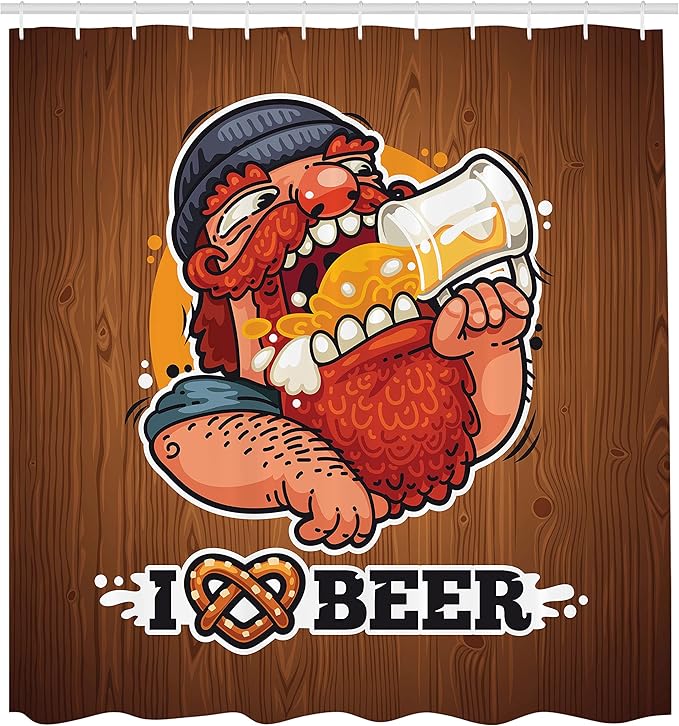 Ambesonne Manly Shower Curtain, Man Drinking Beer Beverage Glass Mustache Beard Enjoyment Rural, Cloth Fabric Bathroom Decor Set with Hooks, 69" W x 70" L, Pale Caramel