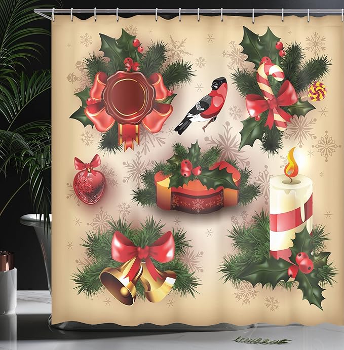 Ambesonne Christmas Shower Curtain, Vintage Style Classical Candle Bell Mistletoe Ribbon Bird Art Print, Cloth Fabric Bathroom Decor Set with Hooks, 69" W x 70" L, Multicolor Red