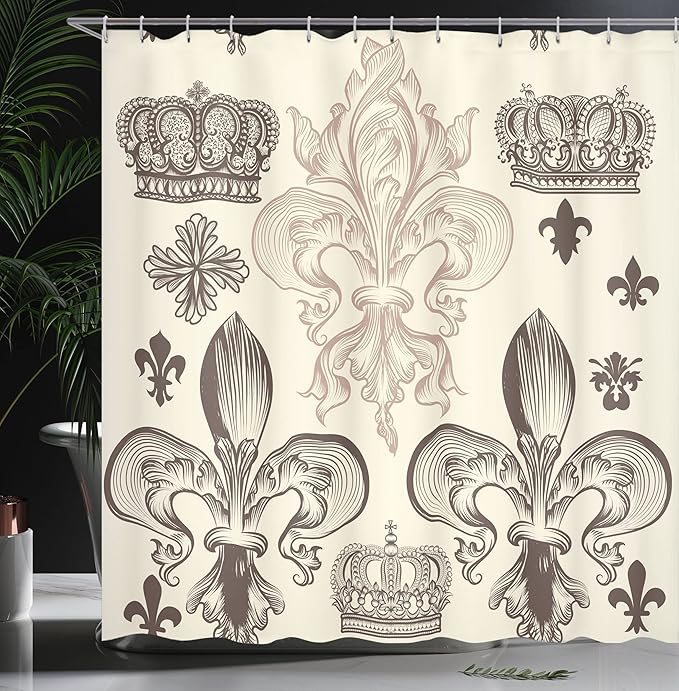 Ambesonne Fleur De Lis Shower Curtain, Heraldic Pattern with Fleur-de-Lis and Crowns Tiara Coat of Arms Knight, Cloth Fabric Bathroom Decor Set with Hooks, 69" W x 84" L, Beige Taupe