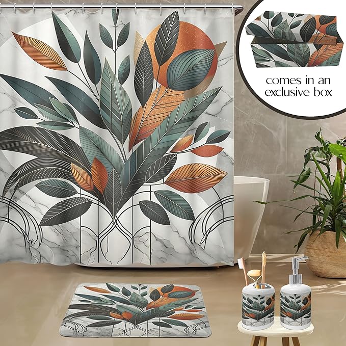 Ambesonne Boho Bathroom Decor Set 4 Pcs, Shower Curtain Bath Mat Soap Dispenser Toothbrush Holder in a Gift Box Essentials and Accessories, Mid Century Exotic Leaf, Orange Laurel Green Grey