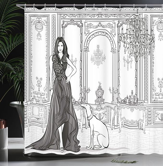 Ambesonne Teen Room Shower Curtain, Fashion Woman in Victorian Palace Dog Baroque Illustration Print, Cloth Fabric Bathroom Decor Set with Hooks, 69" W x 84" L, Dark Grey and White