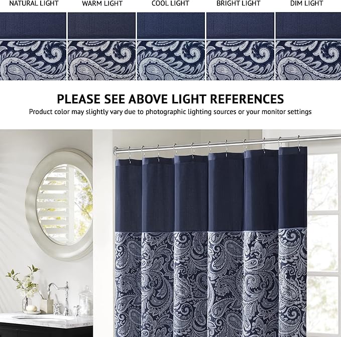 Madison Park Aubrey Shower Curtain Paisley Jacquard Pieced Microfiber Faux Silk Modern Home Bathroom Decorations Bathtub Privacy Screen, Decorative Bathroom, 72" x 72", Navy