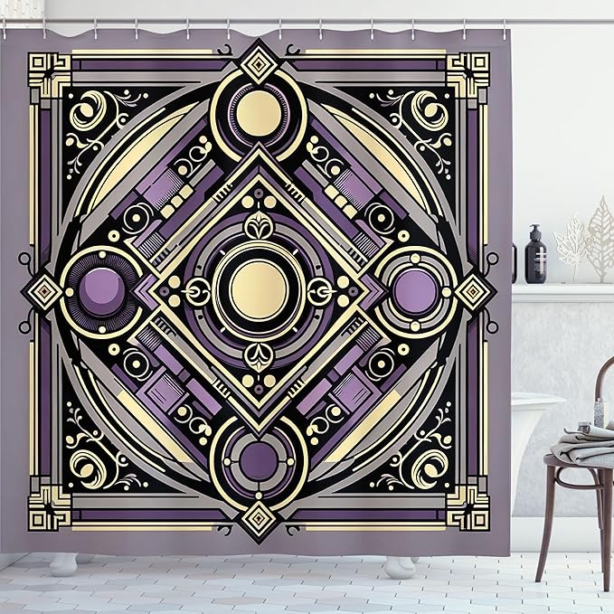 Ambesonne Ethnic Shower Curtain, Diagonal Square with Circles Dramatic and Symmetric Shapes Ornament, Cloth Fabric Bathroom Decor Set with Hooks, 69" W x 84" L, Violet Cream Purple Grey