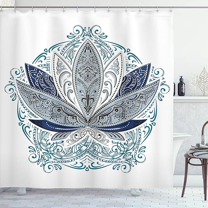 Ambesonne Lotus Shower Curtain, Flower Bloom Ornaments Exotic Petals Oriental Traditional Boho Design, Cloth Fabric Bathroom Decor Set with Hooks, 69" W x 84" L, Navy Grey