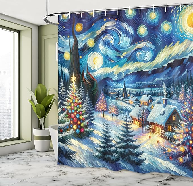 Ambesonne Christmas Shower Curtain, Starry Night with Snowy Roof Houses and Xmas Tress Paint Print, Cloth Fabric Bathroom Decor Set with Hooks, 69" W x 75" L, Blue Evergreen and Mustard