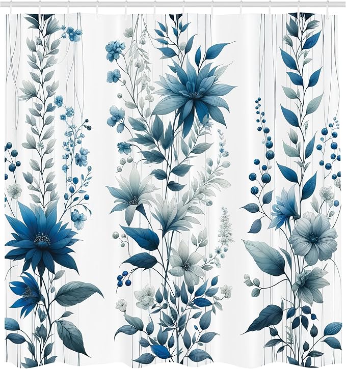 Ambesonne Blue Shower Curtain, Flowers Berry Branches and Leaves as Vertical Lines Cold Colored Garden, Cloth Fabric Bathroom Decor Set with Hooks, 69" W x 84" L, Slate Blue and Sea Blue