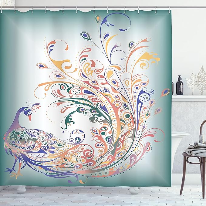 Ambesonne Abstract Shower Curtain, Peacock Bird Tail Feathers Plume Paisley Pattern Ornamental Design, Cloth Fabric Bathroom Decor Set with Hooks, 69" W x 70" L, Pale Petrol