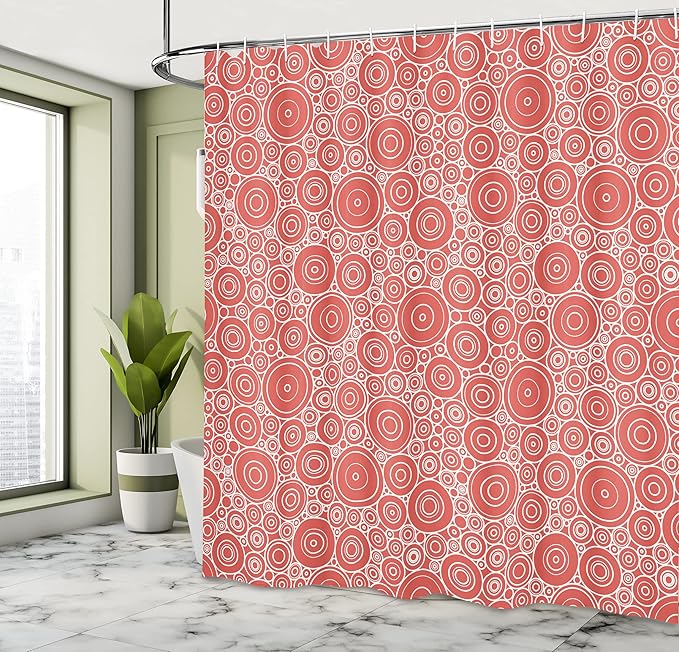 Ambesonne Geometric Shower Curtain, Different Sized Circles and Rounds Simple Style Graphic Print Shabby Home, Cloth Fabric Bathroom Decor Set with Hooks, 69" W x 84" L, Dark Salmon