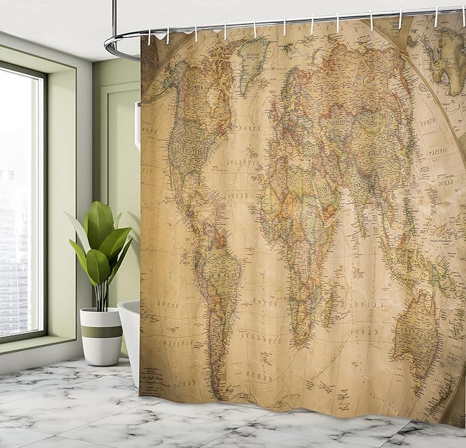 Ambesonne World Map Shower Curtain, Anthique Old World Map in Retro Colors Vintage Nostalgic Design Art Print, Cloth Fabric Bathroom Decor Set with Hooks, 69" W x 70" L, Coffee Cream