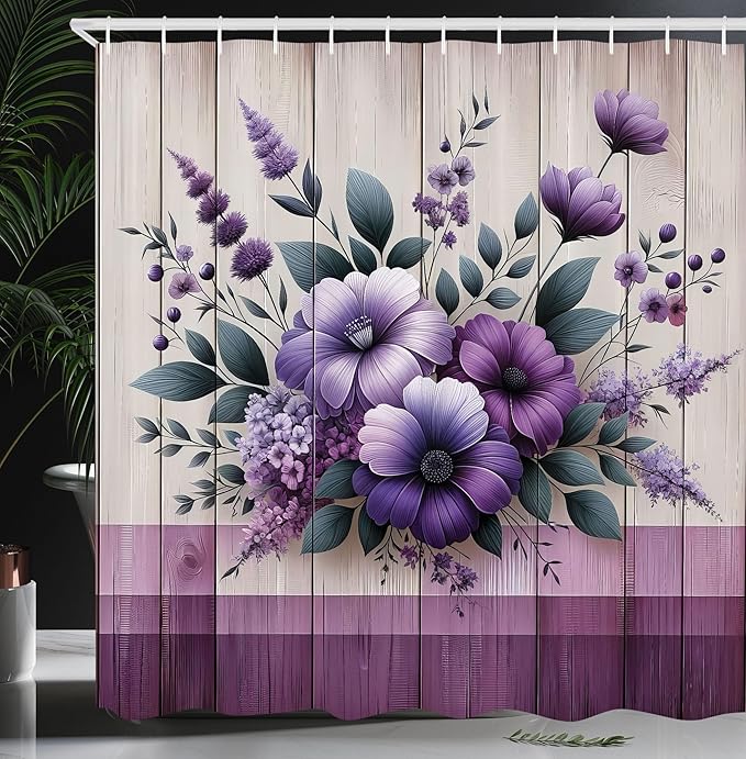 Ambesonne Purple Shower Curtain, Modern Farmhouse Themed Rustic Back with Greenery Leaves Floral Huddle, Cloth Fabric Bathroom Decor Set with Hooks, 69" W x 75" L, Lavender Indigo Eggshell