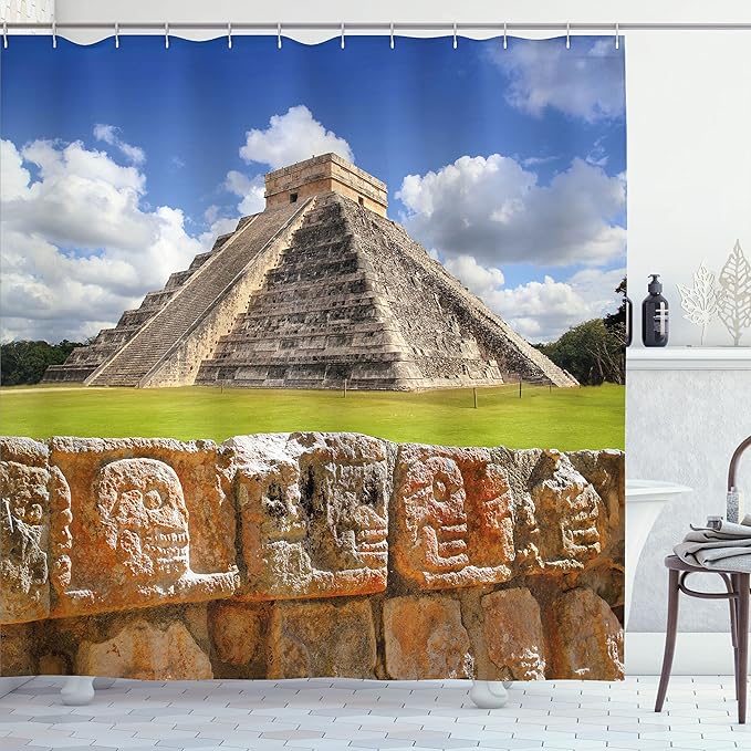 Ambesonne Vintage Shower Curtain, Wall of Skulls and Kukulkan Pyramid El Castillo Scenery Photo, Cloth Fabric Bathroom Decor Set with Hooks, 69" W x 75" L, Charcoal Grey Lime Green
