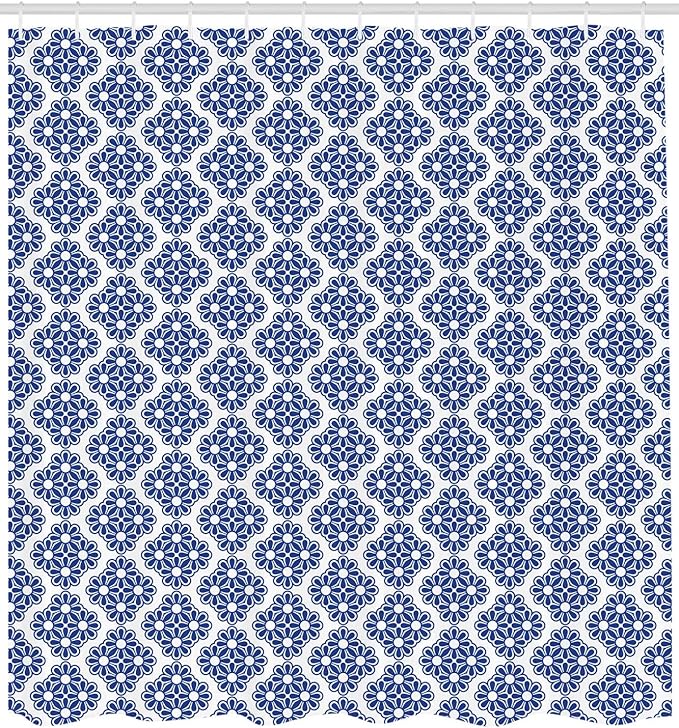 Ambesonne Moroccan Shower Curtain, Turkish Ottoman Mosaic Tiles with Floral Leaves Details Print, Cloth Fabric Bathroom Decor Set with Hooks, 69" W x 75" L, Turquoise Blue