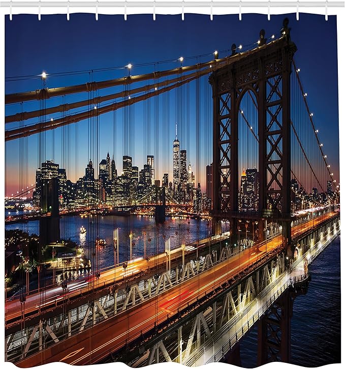 Ambesonne NYC Shower Curtain, Evening Twilight Sunset at Brooklyn Bridge River Famous Touristic Attractions Modern Urban Print, Cloth Fabric Bathroom Decor Set with Hooks, 69" W x 84" L, Orange Night
