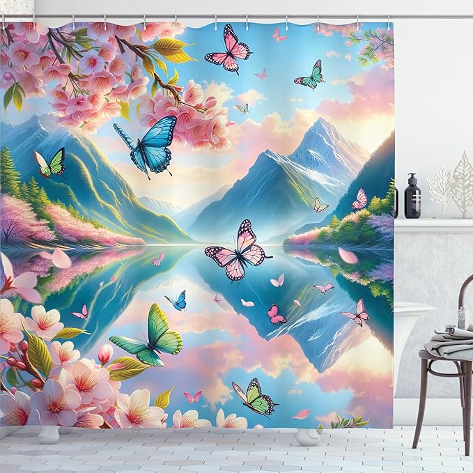 Ambesonne Lake Shower Curtain, Flying Spring Butterflies and Blooming Cherry Blossoms Mountain Reflections, Cloth Fabric Bathroom Decor Set with Hooks, 69" W x 84" L, Pink Sky Blue Green
