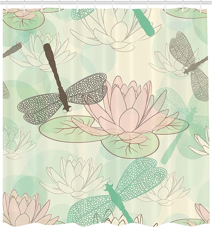 Ambesonne Dragonfly Shower Curtain, Floating Water Lily and Dragonfly on The Lake in Soft Color Design Print, Cloth Fabric Bathroom Decor Set with Hooks, 69" W x 75" L, Pink White
