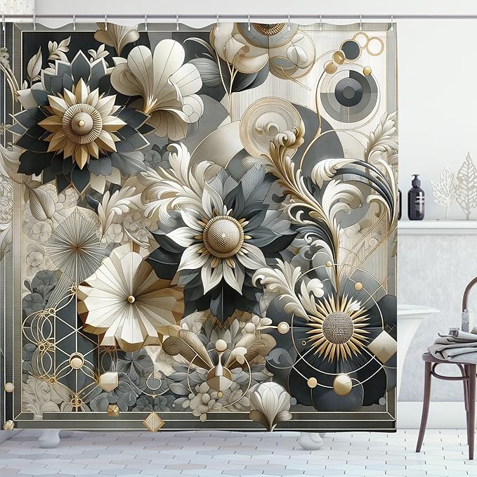 Ambesonne Grey Shower Curtain, Oriental Dream of Flower Art with Curlicue Leaves and Boho Details, Cloth Fabric Bathroom Decor Set with Hooks, 69" W x 70" L, Brown Purpleblue and Eggshell