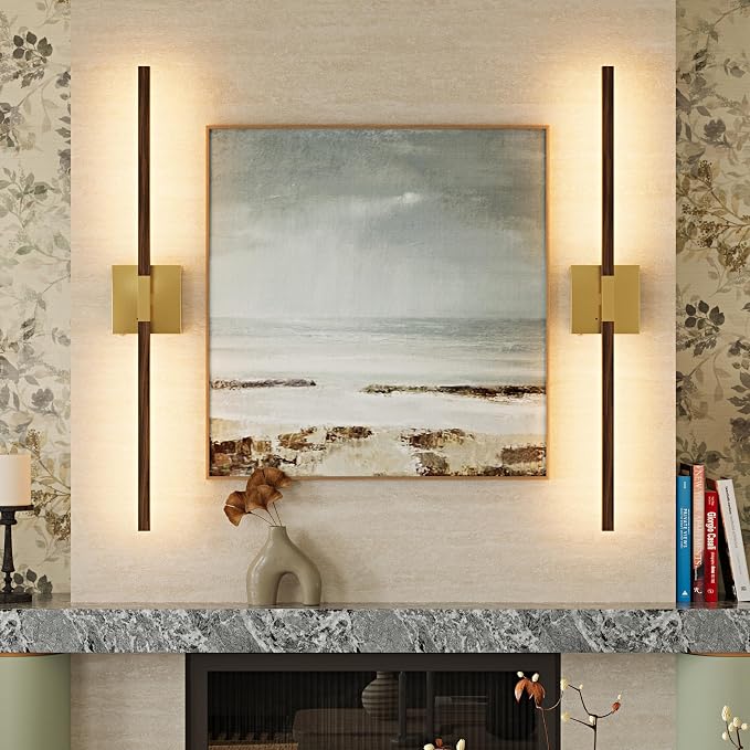 Rayogale Gold & Walnut Wireless Wall Sconce with Remote Control, 24 Inch | 3000/4500/6000K Dimmable 8000mAh Rechargeable Battery Wall Sconces Set of Two with Timer for Living Room, Bedroom