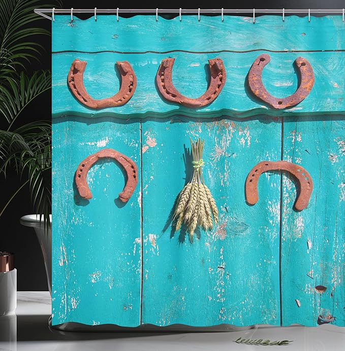 Ambesonne Western Shower Curtain, 5 Antique Rusty Luck Horseshoe and Wheat Ears Bunch Picture, Cloth Fabric Bathroom Decor Set with Hooks, 69" W x 75" L, Turquoise and Brown