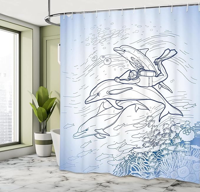 Ambesonne Sea Animals Shower Curtain, Sketch of Scuba Diver Holding Fin of Dolphin Over Coral Reefs Fish Underwater, Cloth Fabric Bathroom Decor Set with Hooks, 69" W x 70" L, Blue Navy