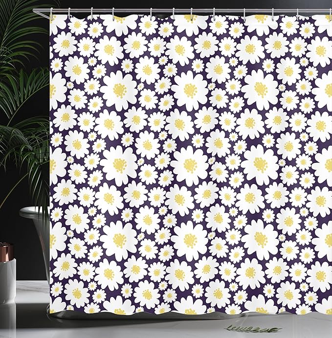 Ambesonne Floral Shower Curtain, Pastel Cartoon Like Flowers Daisies Spring Time Season Artwork Print, Cloth Fabric Bathroom Decor Set with Hooks, 69" W x 70" L, Dark Purple