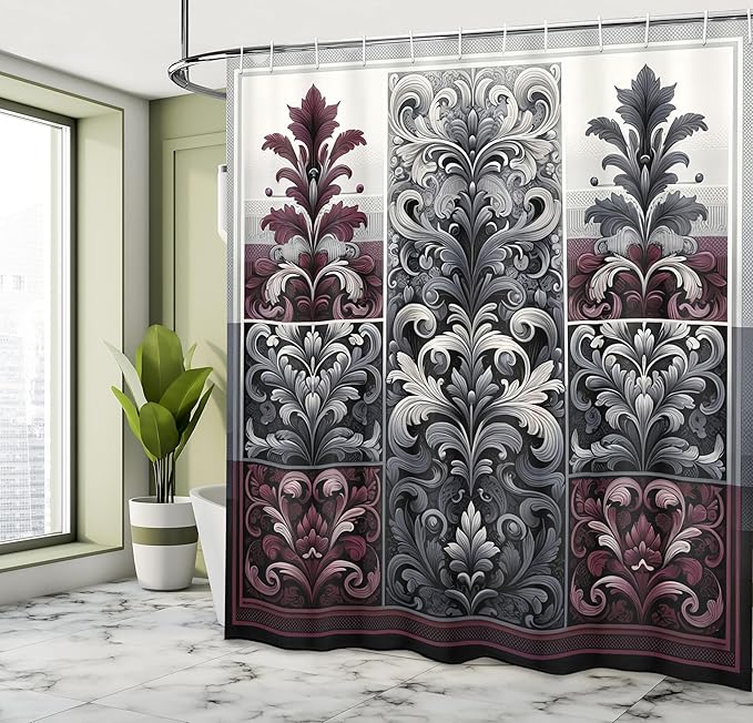 Ambesonne Damask Shower Curtain, Vintage Inspired Opulent Themed Leafy Ornaments Nature Abloom Print, Cloth Fabric Bathroom Decor Set with Hooks, 69" W x 70" L, Maroon and Dark Blue Grey