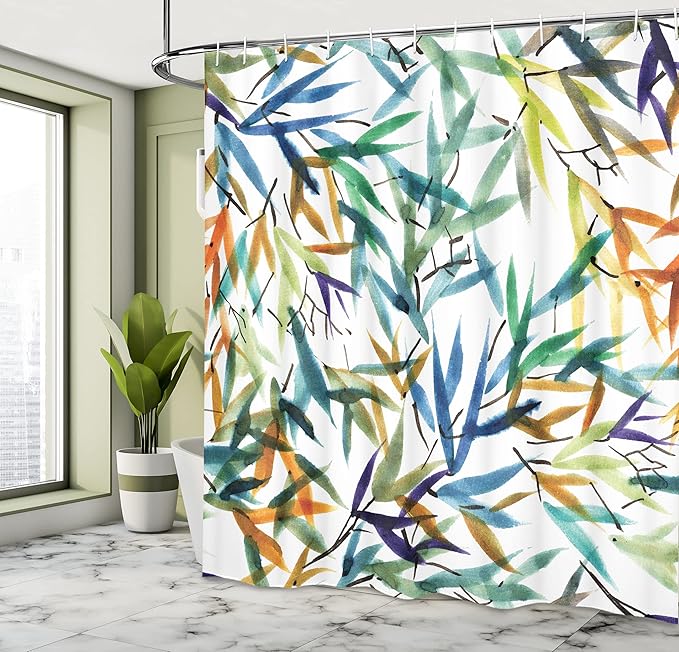 Ambesonne Traditional Shower Curtain, Colorful Bamboo Tree Leaves Hand Drawn Style Plants Picture Print, Cloth Fabric Bathroom Decor Set with Hooks, 69" W x 70" L, Multicolor White