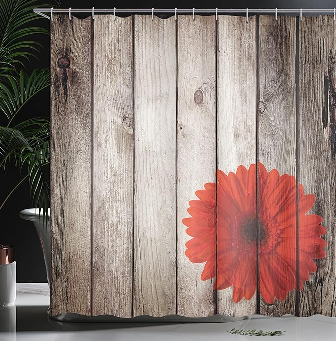 Ambesonne Rustic Shower Curtain, Flower Red Dahlia on Foreground of Murky Featured Dated Wooden Board Retro Art Print, Cloth Fabric Bathroom Decor Set with Hooks, 69" W x 84" L, Brown