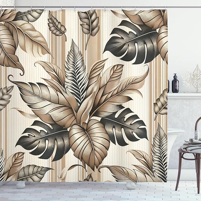 Ambesonne Tan Shower Curtain, Tender Exotic Leaves Huddle with Modern Boho Stripes Nostalgia Earthy Tones, Cloth Fabric Bathroom Decor Set with Hooks, 69" W x 75" L, Dark Slate Blue Cocoa