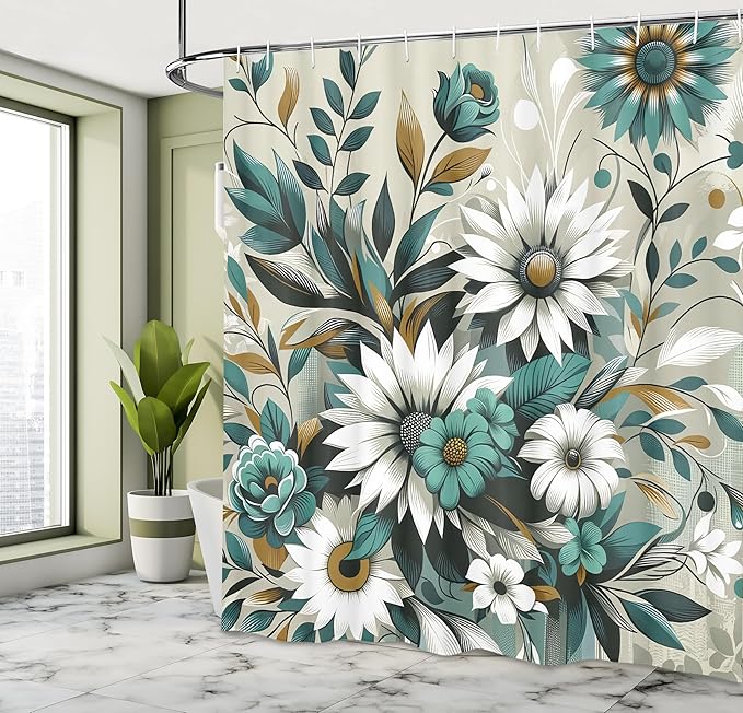 Ambesonne Teal Shower Curtain, Modern Urban Jungle Boho Concept Dancing Daisy with Curving Leaves Huddle, Cloth Fabric Bathroom Decor Set with Hooks, 69" W x 75" L, Sea Green Pale Mustard