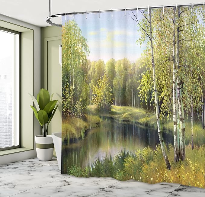 Ambesonne Forest Shower Curtain, Birch Tree Forest in Autumn Leafless Branches Calm River Oil Paint Effect, Cloth Fabric Bathroom Decor Set with Hooks, 69" W x 75" L, Aqua Green