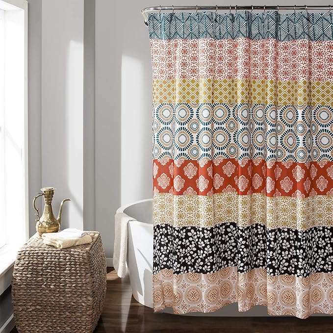 Lush Decor Bohemian Stripe Shower Curtain 72" W x 72" L Turquoise & Orange - Bathroom Curtain - Striped Shower Curtain - Boho Decor - Fabric Shower Curtains