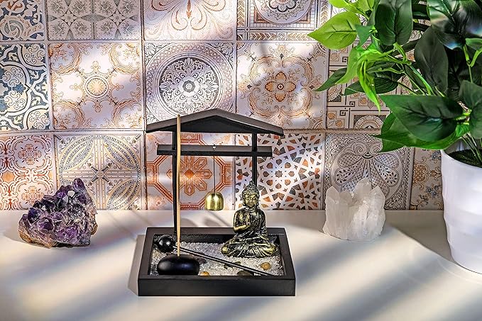 Jovivi Zen Garden Set Buddha Statue, Mallet & Rocks and Crystals & Incense Stick Holder Bowl & Wooden Display Tray for Yoga Meditaion Home Table Decor Gift
