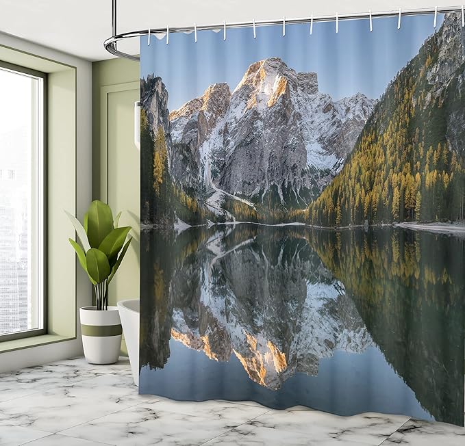 Ambesonne Nature Shower Curtain, Projecting Mountain Image in Lake with Ice Tops South Italian Fantasy Place Photo, Cloth Fabric Bathroom Decor Set with Hooks, 69" W x 84" L, Grey Green