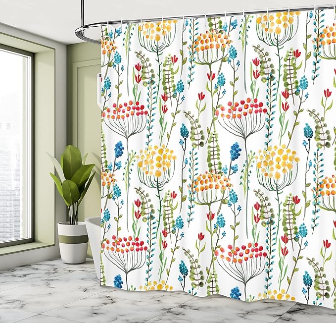 Ambesonne Floral Shower Curtain, Hand Drawn Doodle Style Flowers Blossoms in Watercolors Natural Botanical Garden Art, Cloth Fabric Bathroom Decor Set with Hooks, 69" W x 75" L, Magenta Yellow