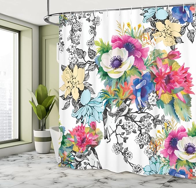 Ambesonne Flower Shower Curtain, Colorful Garden of Blossoming Wildflowers and Birds with Leaves Branches of Spring Season Artwork, Cloth Fabric Bathroom Decor Set with Hooks, 69" W x 75" L, Magenta