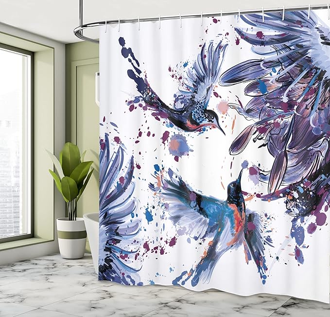 Ambesonne Hummingbird Shower Curtain, Art Lily Flowers Birds and Color Splashes in Watercolor Painting Style, Cloth Fabric Bathroom Decor Set with Hooks, 69" W x 70" L, Lavender Blue