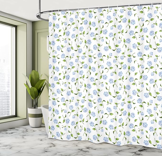 Ambesonne Floral Shower Curtain, Watercolor Hydrangea Flowers and Leaves Composed on a Plain Background, Cloth Fabric Bathroom Decor Set with Hooks, 69" W x 70" L, Ceil Blue Green White