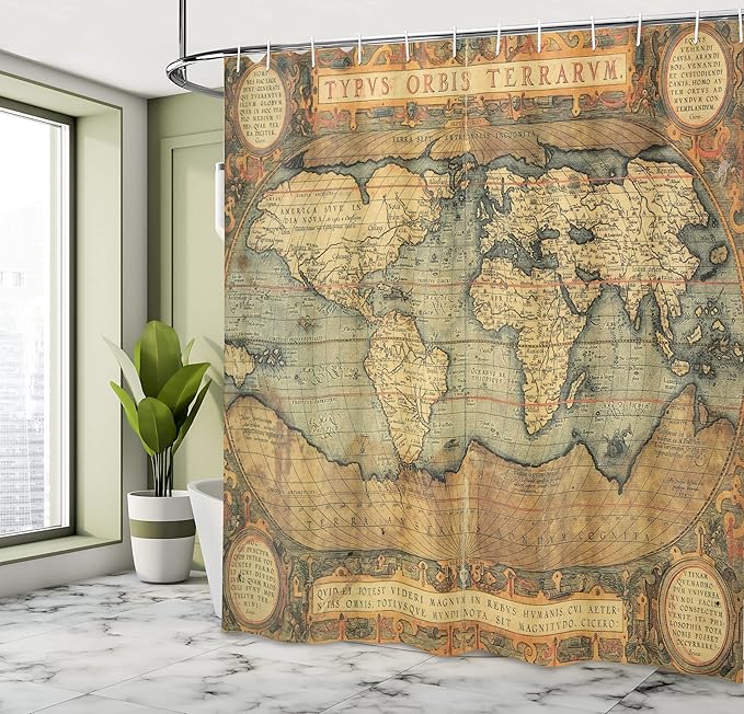 Ambesonne Map Print Shower Curtain, Vintage 16th Century Map of The World History Adventure Civilization, Cloth Fabric Bathroom Decor Set with Hooks, 69" W x 70" L, Army Green Sand Brown