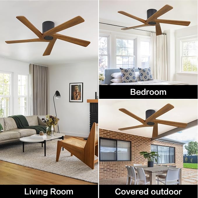 WINGBO 54 Inch Flush Mount DC Ceiling Fan without Lights, 5 Reversible Carved Wood Blades, 6-Speed Noiseless DC Motor, Hugger Ceiling Fan No Lights in Matte Black Finish with Walnut Blades, ETL Listed