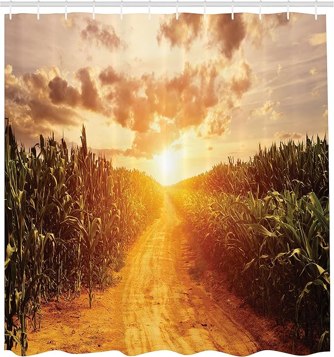 Ambesonne Country Shower Curtain, Horizon and Corn Field Last Sun Rays of The Day Earth and Sky Scenic Picture, Cloth Fabric Bathroom Decor Set with Hooks, 69" W x 70" L, Marigold Green