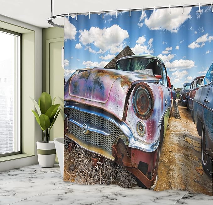 Ambesonne Vintage Shower Curtain, Abandoned Vintage Cars Rusting in a Ghost Town Cloudy Sky Digital Image, Cloth Fabric Bathroom Decor Set with Hooks, 69" W x 70" L, Pale Coffee and Blue