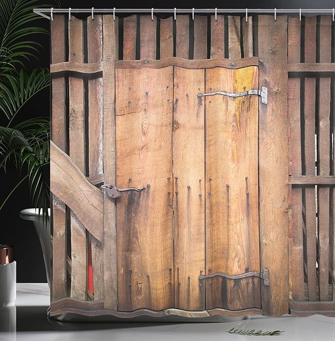 Ambesonne Rustic Shower Curtain, Dated Simple Door Like in Construction Vertical Barns House Nobody Bohemian Print, Cloth Fabric Bathroom Decor Set with Hooks, 69" W x 75" L, Chocolate