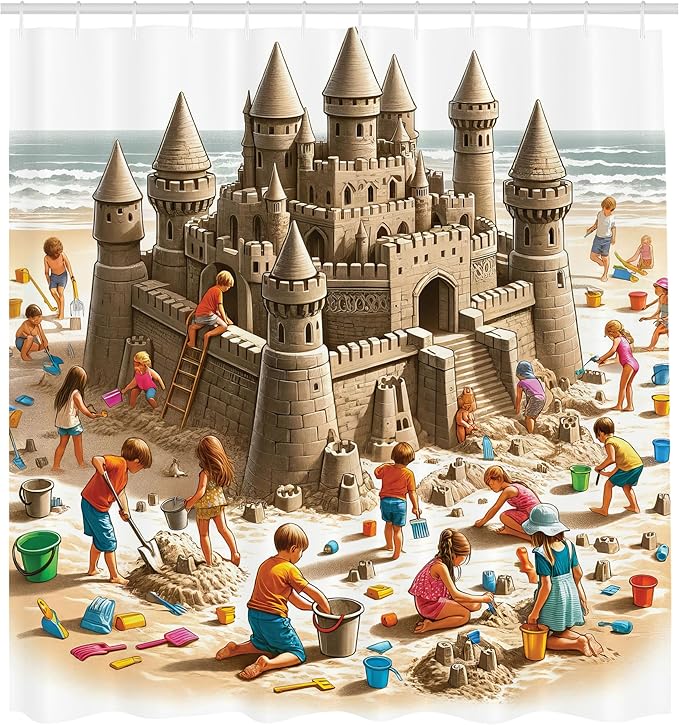 Ambesonne Sand Castle Shower Curtain, Funny Cartoon Design of Playing and Building on The Sandy Beach Shore, Cloth Fabric Bathroom Decor Set with Hooks, 69" W x 84" L, Camel Burnt Orange