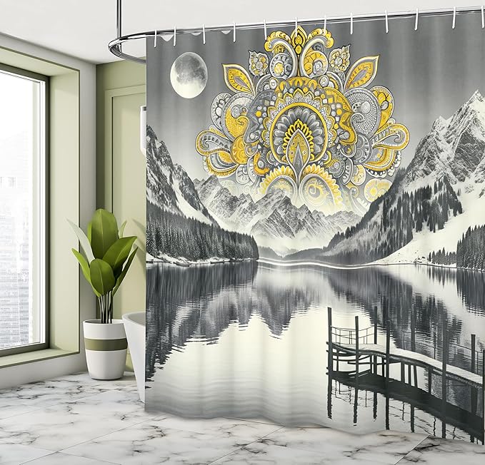 Ambesonne Lake Shower Curtain, Mandala Inspired Motif and Mountains Panorama in Grayscale Achromatic Colors, Cloth Fabric Bathroom Decor Set with Hooks, 69" W x 84" L, Yellow and Grey