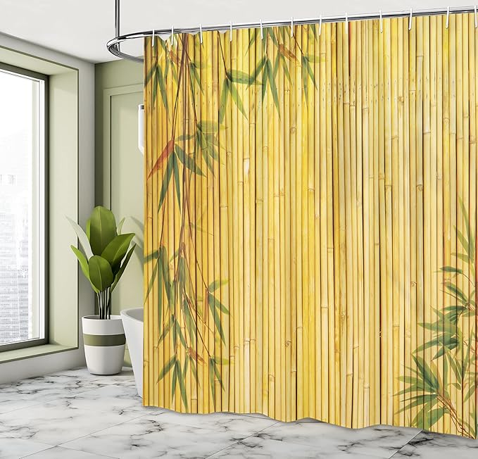 Ambesonne Asian Themed Shower Curtain, Yellow Colored Woodland Background Tree Branches Exotic Scene Peaceful Art, Cloth Fabric Bathroom Decor Set with Hooks, 69" W x 75" L, Fern Green
