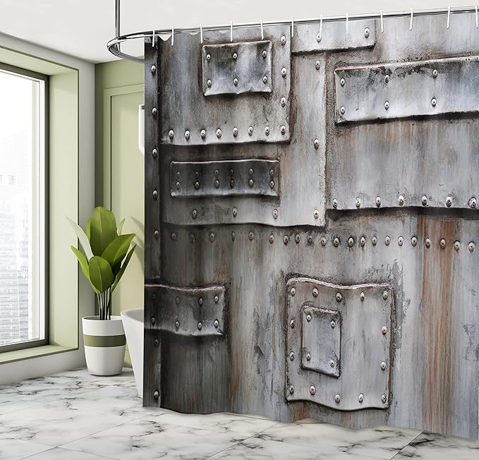 Ambesonne Industrial Shower Curtain, Grunge Wall Old Style Entrance Closed Factory Gate Security Protection Theme, Cloth Fabric Bathroom Decor Set with Hooks, 69" W x 84" L, Brown Grey