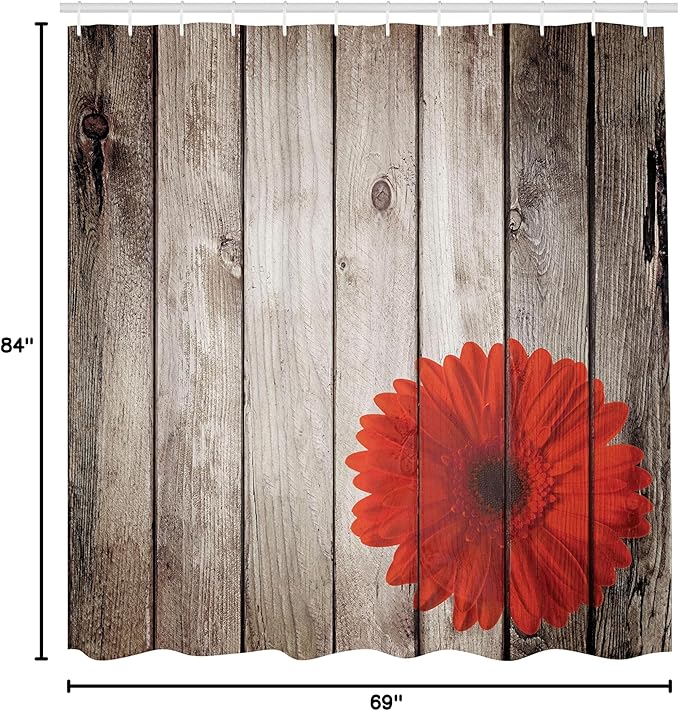 Ambesonne Rustic Shower Curtain, Flower Red Dahlia on Foreground of Murky Featured Dated Wooden Board Retro Art Print, Cloth Fabric Bathroom Decor Set with Hooks, 69" W x 84" L, Brown